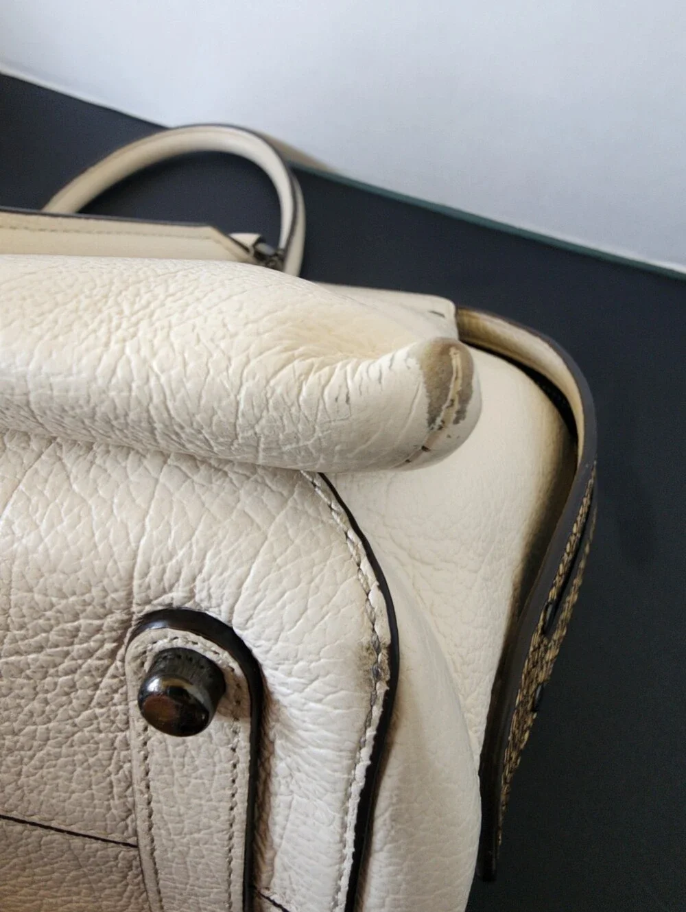 SALE! Coach Off-White Pebbled Leather Satchel with Dark Trim and Silver Hardware